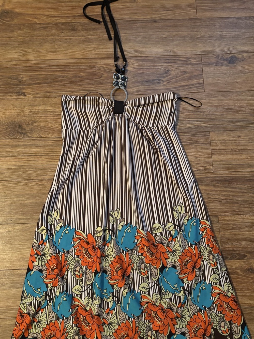 Striped Floral Maxi Dress in Black & Orange Like New